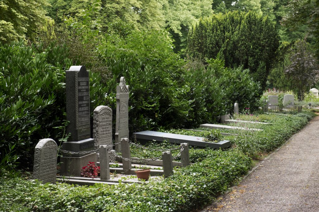 Erdbestattung. Steingräber, Büsche und ein Gehweg.