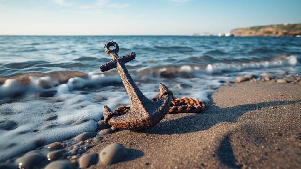 Anker liegend am Strand. Kleine Wellen und Steine. Ein Zeichen für Halt und Stärke einer Seebestattung.